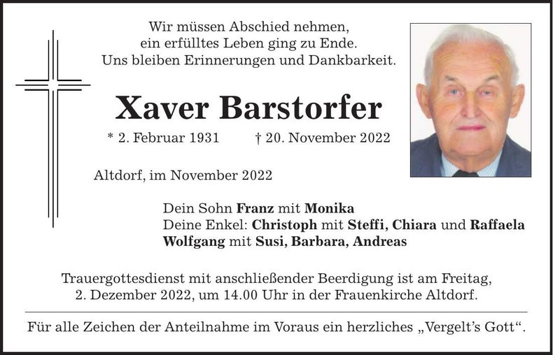 Traueranzeige Xaver Barstorfer