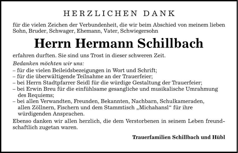 Traueranzeige Hermann Schillbach