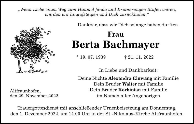 Traueranzeige Berta Bachmayer