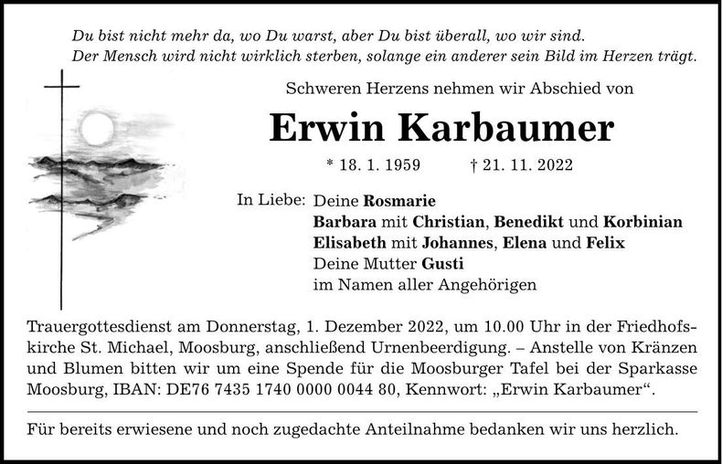 Traueranzeige Erwin Karbaumer