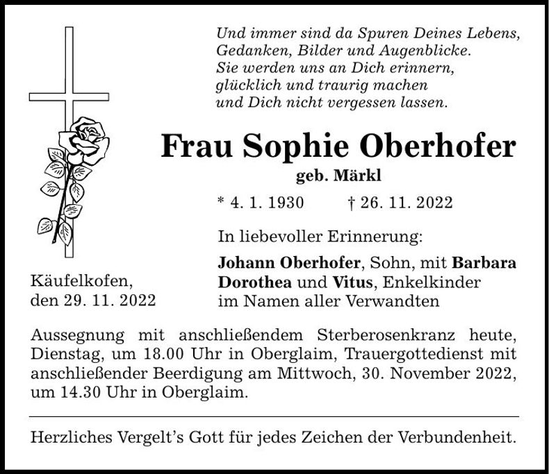 Traueranzeige Sophie Oberhofer