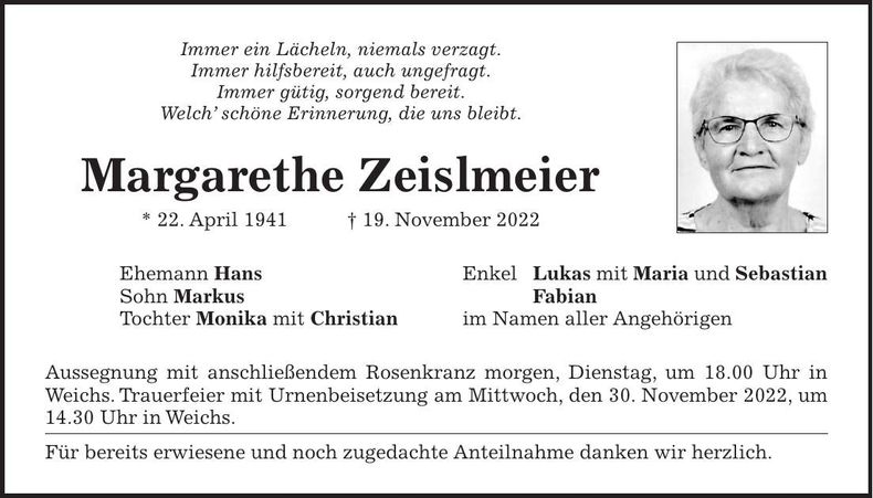 Traueranzeige Margarethe Zeislmeier