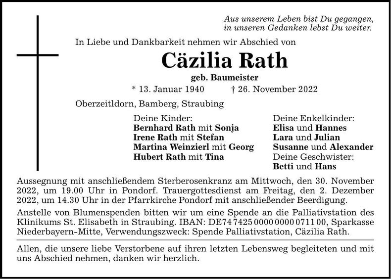 Traueranzeige Cäzilia Rath