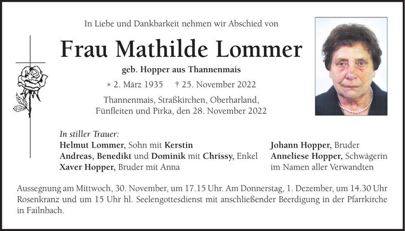 Traueranzeige Mathilde Lommer
