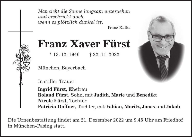 Traueranzeige Franz Xaver Fürst
