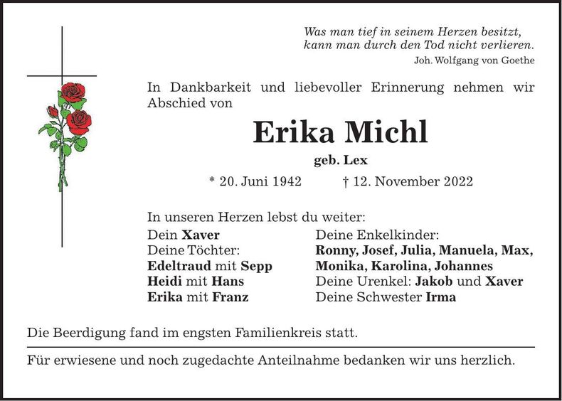 Traueranzeige Erika Michl