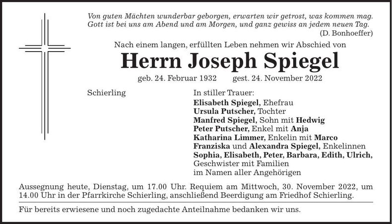 Traueranzeige Joseph Spiegel