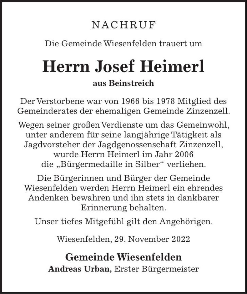 Traueranzeige Josef Heimerl
