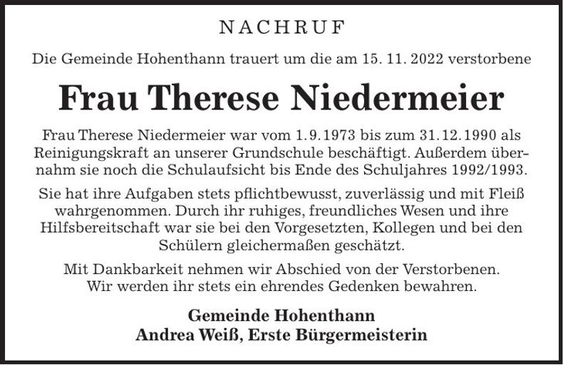 Traueranzeige Theres Niedermeier