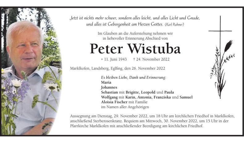 Traueranzeige Peter Wistuba