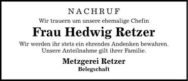 Traueranzeige Hedwig Retzer