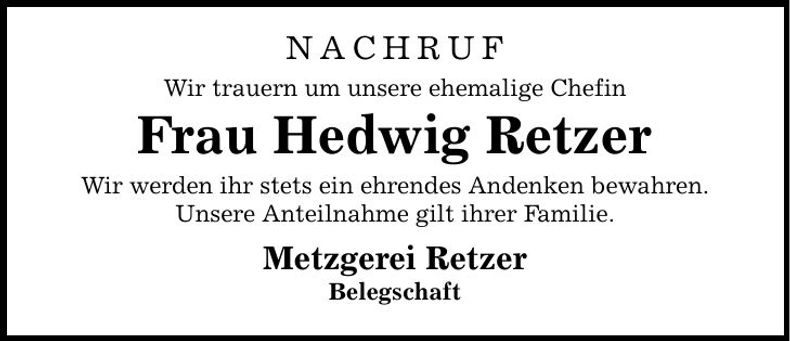 Traueranzeige Hedwig Retzer