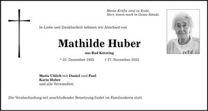 Traueranzeige Mathilde Huber