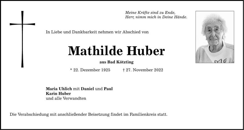 Traueranzeige Mathilde Huber