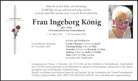 Traueranzeige Ingeborg König