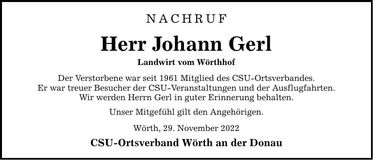 Traueranzeige Johann Gerl