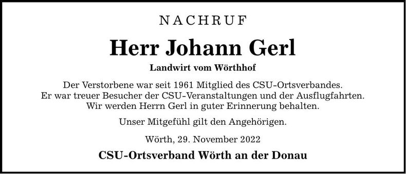 Traueranzeige Johann Gerl