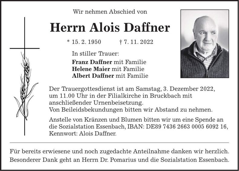 Traueranzeige Alois Daffner