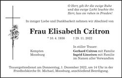 Traueranzeige Elisabeth Czitron