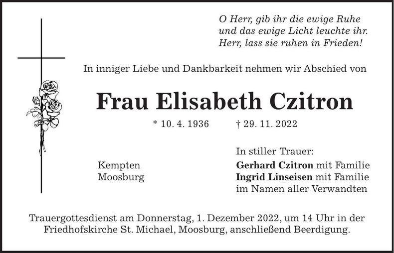 Traueranzeige Elisabeth Czitron
