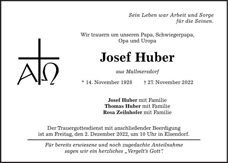 Traueranzeige Josef Huber