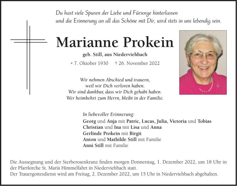 Traueranzeige Marianne Prokein