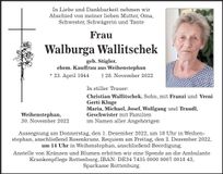 Traueranzeige Walburga Wallitschek