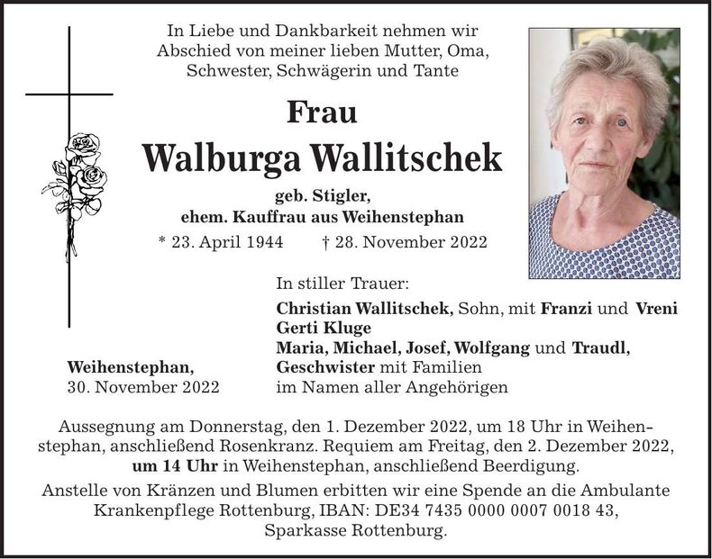 Traueranzeige Walburga Wallitschek