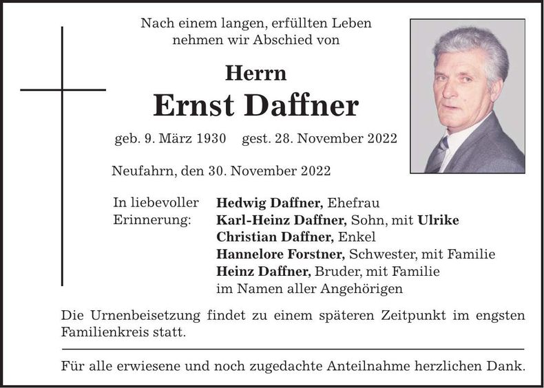 Traueranzeige Ernst Daffner