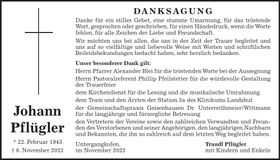 Traueranzeige Johann Pflügler