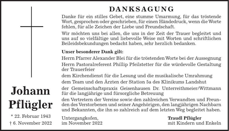 Traueranzeige Johann Pflügler