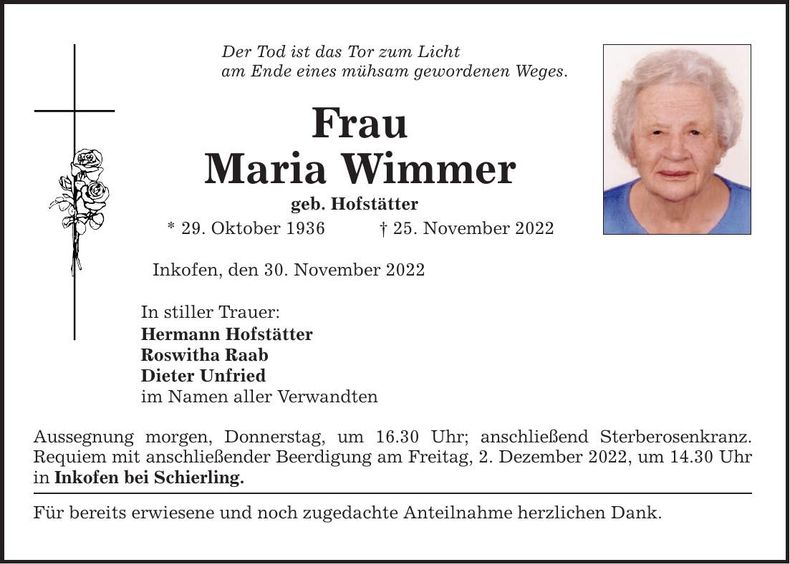 Traueranzeige Maria Wimmer