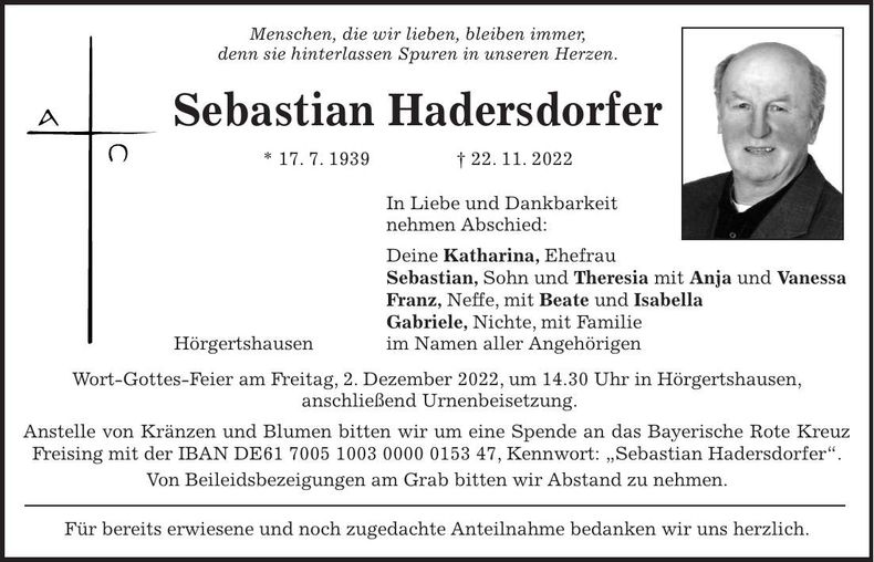 Traueranzeige Sebastian Hadersdorfer
