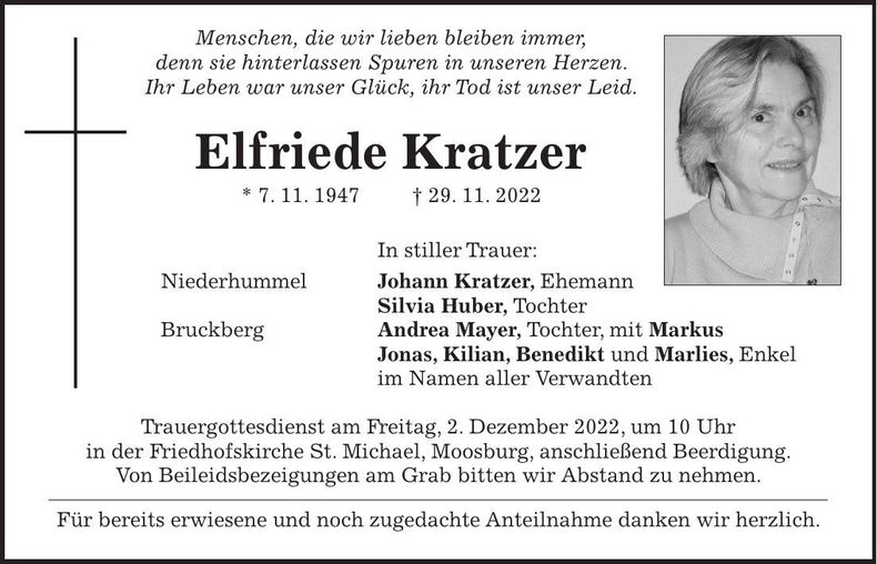 Traueranzeige Elfriede Kratzer