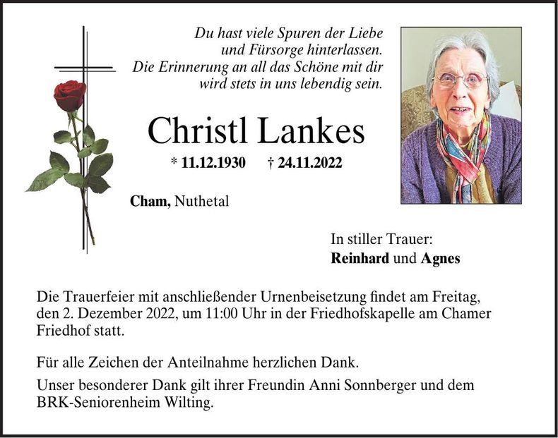 Traueranzeige Christl Lankes
