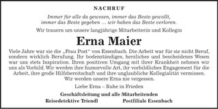 Traueranzeige Erna Maier