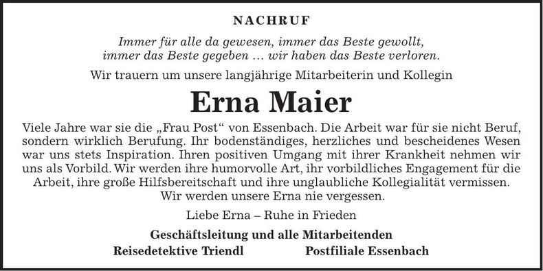Traueranzeige Erna Maier