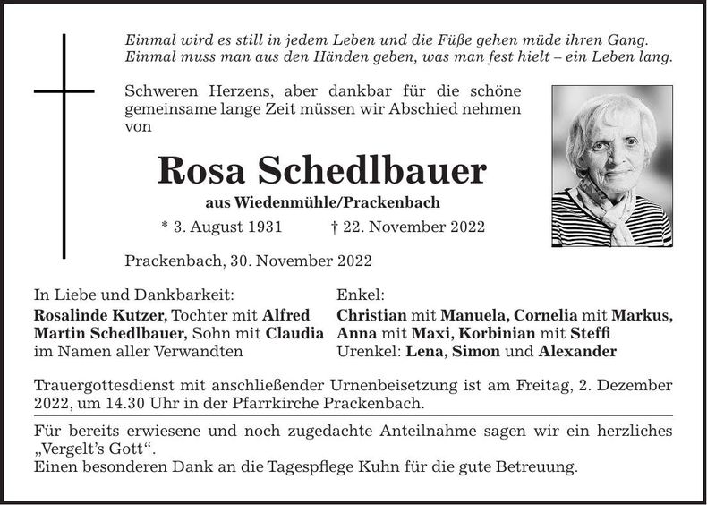 Traueranzeige Rosa Schedlbauer