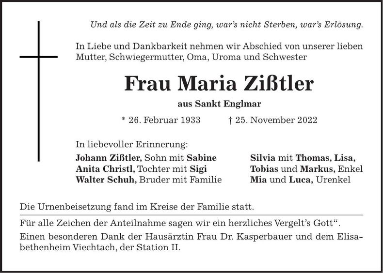 Traueranzeige Zißtler Maria