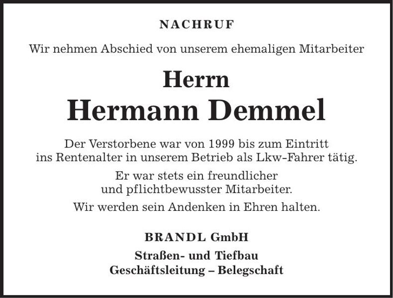 Traueranzeige Hermann Demmel