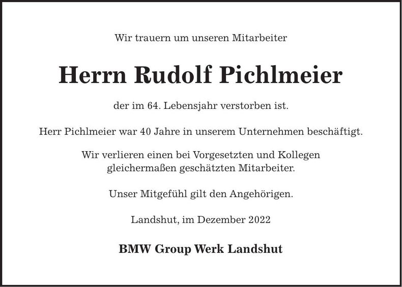 Traueranzeige Rudolf Pichlmeier
