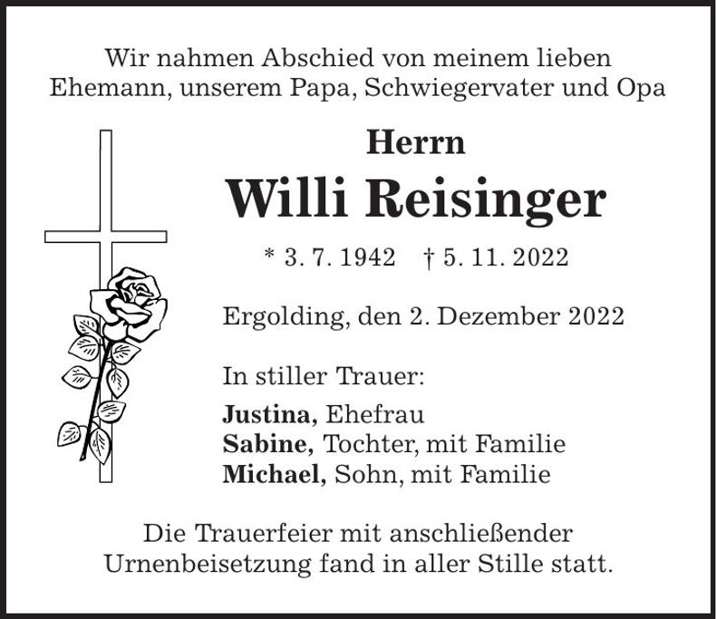 Traueranzeige Willi Reisinger