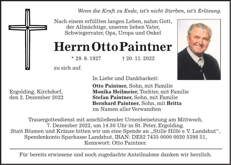 Traueranzeige Otto Paintner