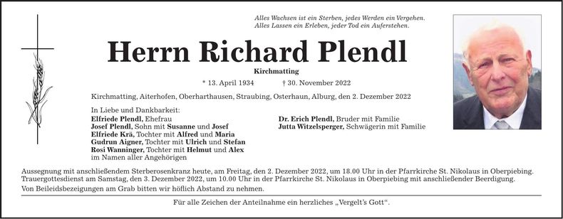 Traueranzeige Richard Plendl