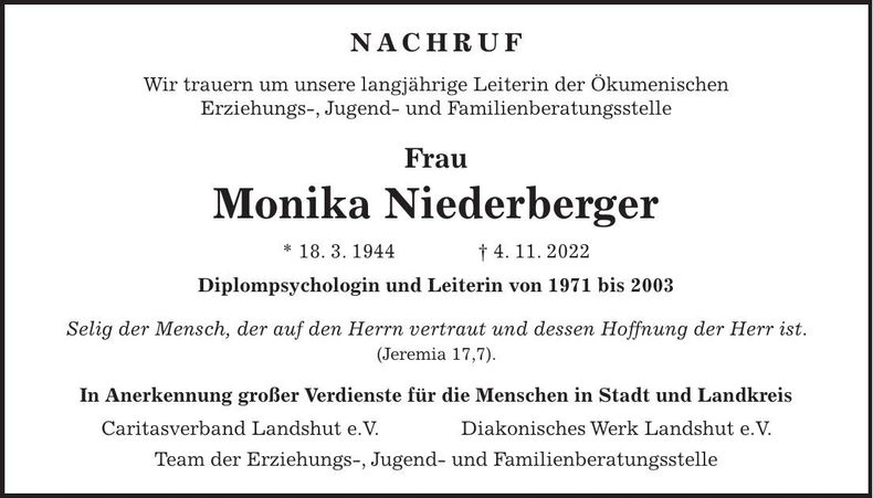 Traueranzeige Monika Niederberger