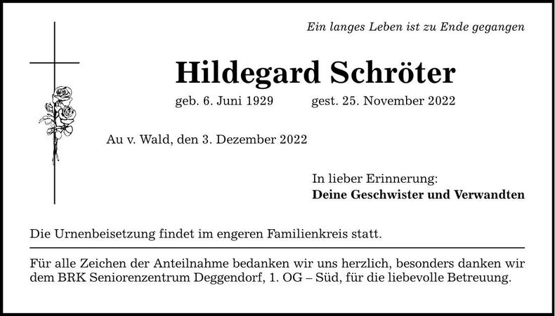 Traueranzeige Hildegard Schröter