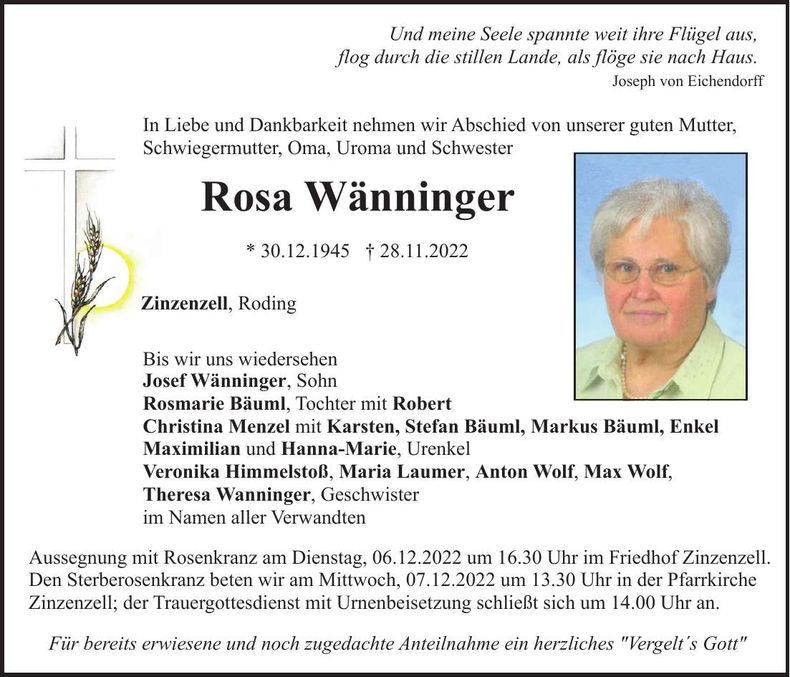 Traueranzeige Rosa Wänninger