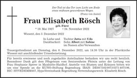 Traueranzeige Elisabeth Rösch