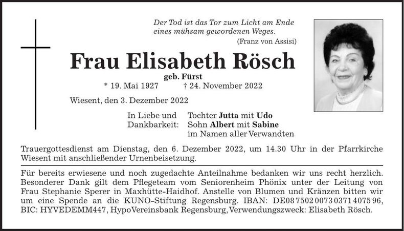 Traueranzeige Elisabeth Rösch
