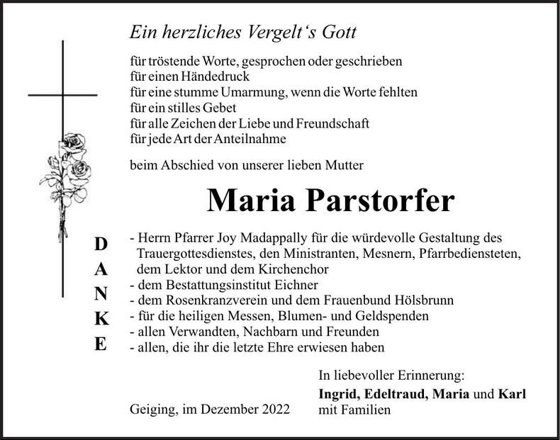 Traueranzeige Maria Parstorfer